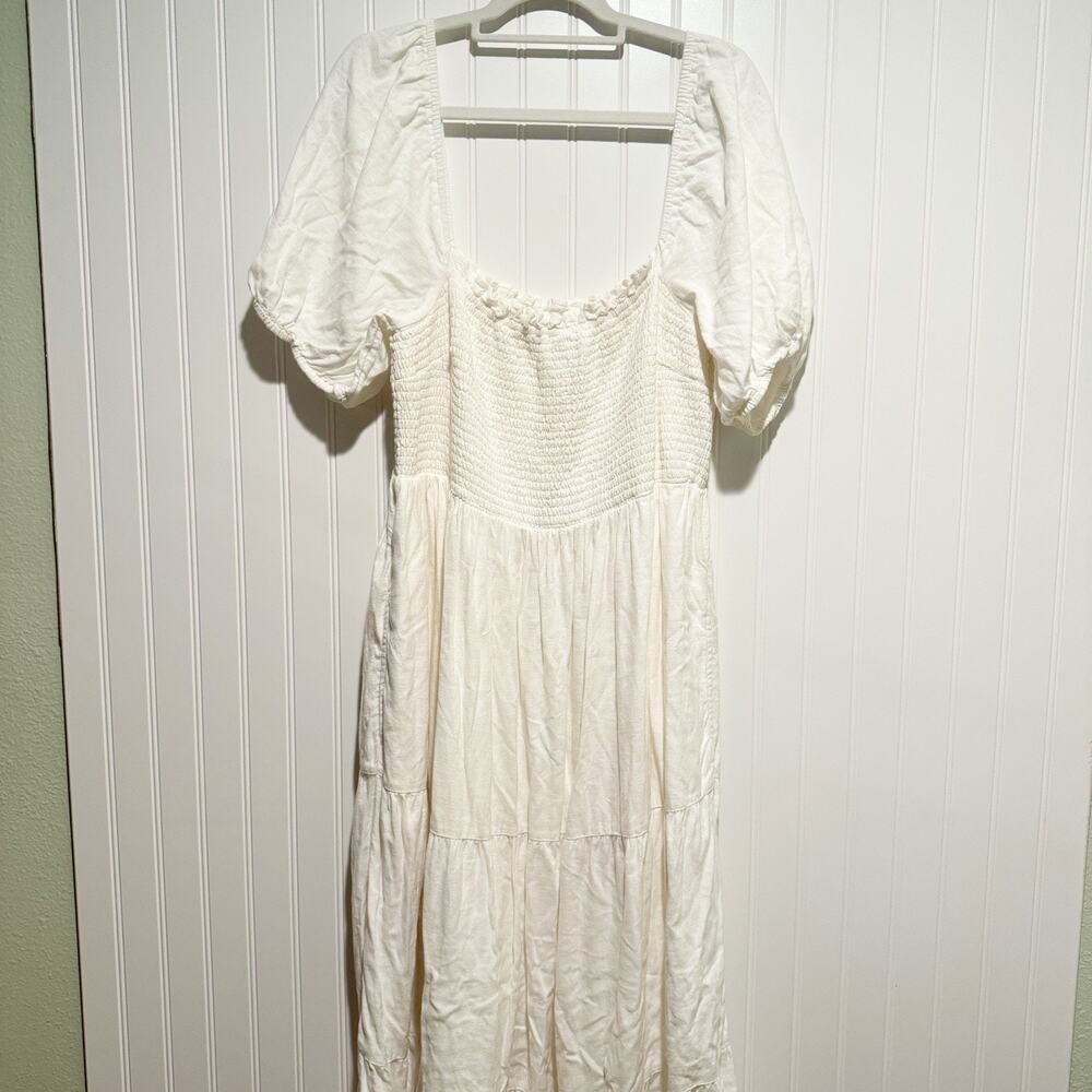 Abercrombie Fitch White Cotton Linen Smocked Maxi Dress Puff Sleeves Size XXL - Picture 2 of 7